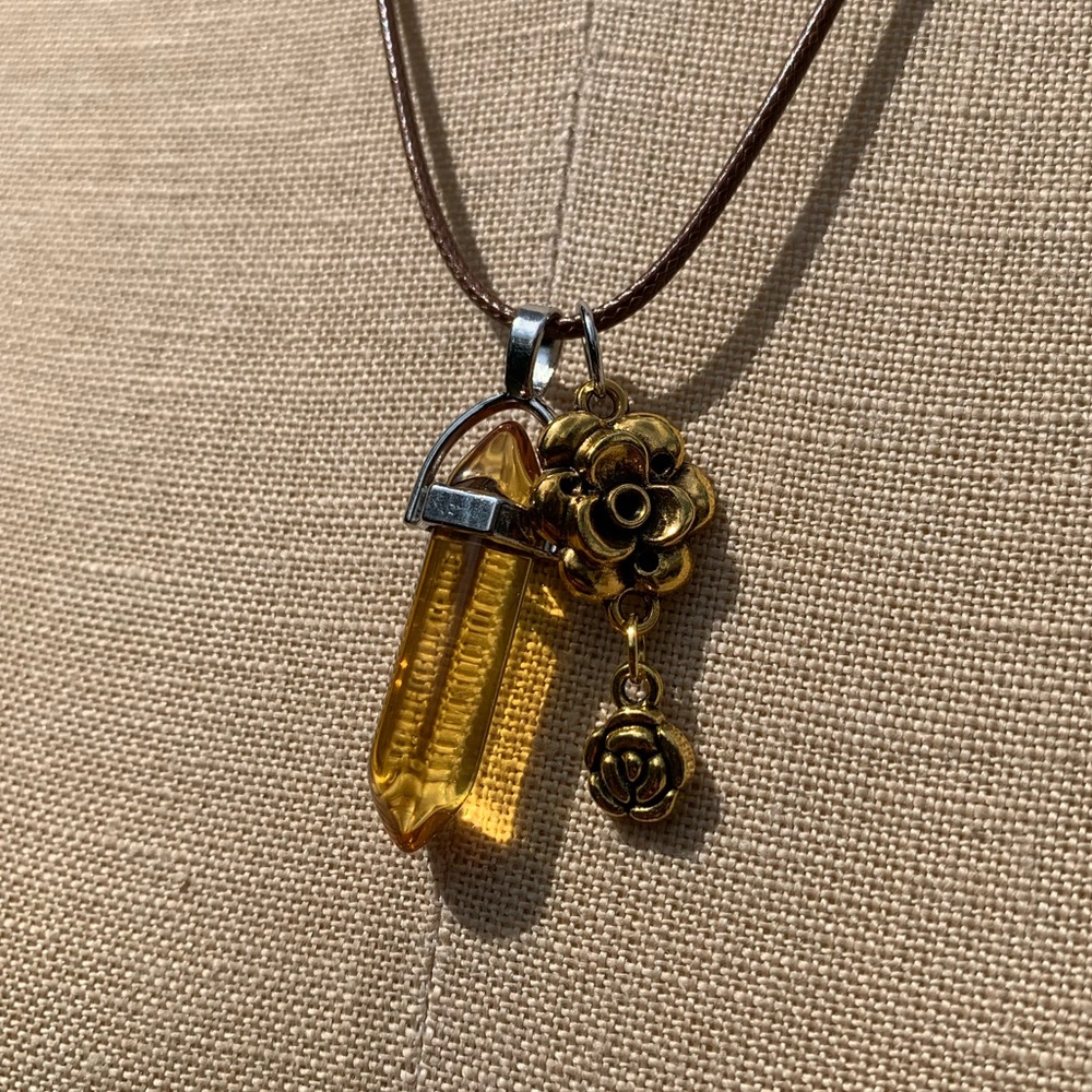 Handmade Honey Amber Resin Crystal Amulet Necklace & Flower Charm - Picture 4 of 8